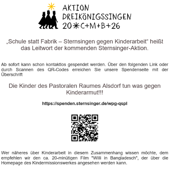 Sternsinger Spendencode 2026 (c) pastoraler Raum Alsdorf