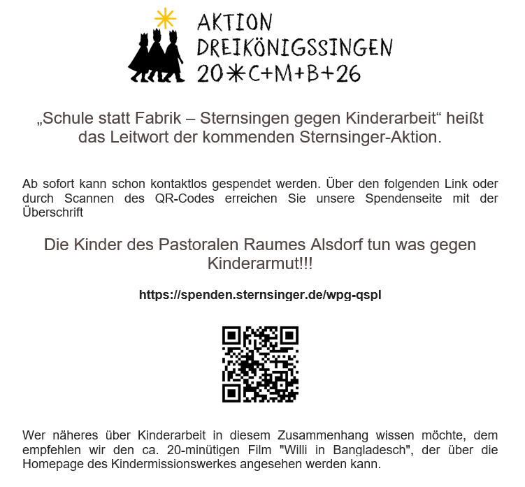 Sternsinger Spendencode 2026 (c) pastoraler Raum Alsdorf